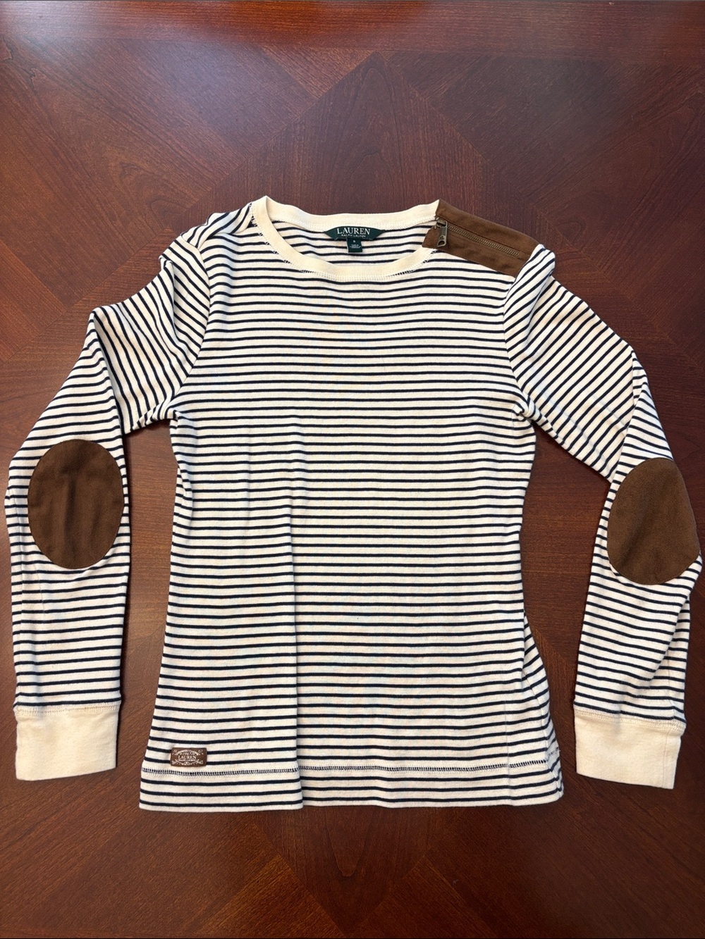 LAUREN Ralph Lauren Cream & Navy Stripe Sweater with Brown Elbow Patches